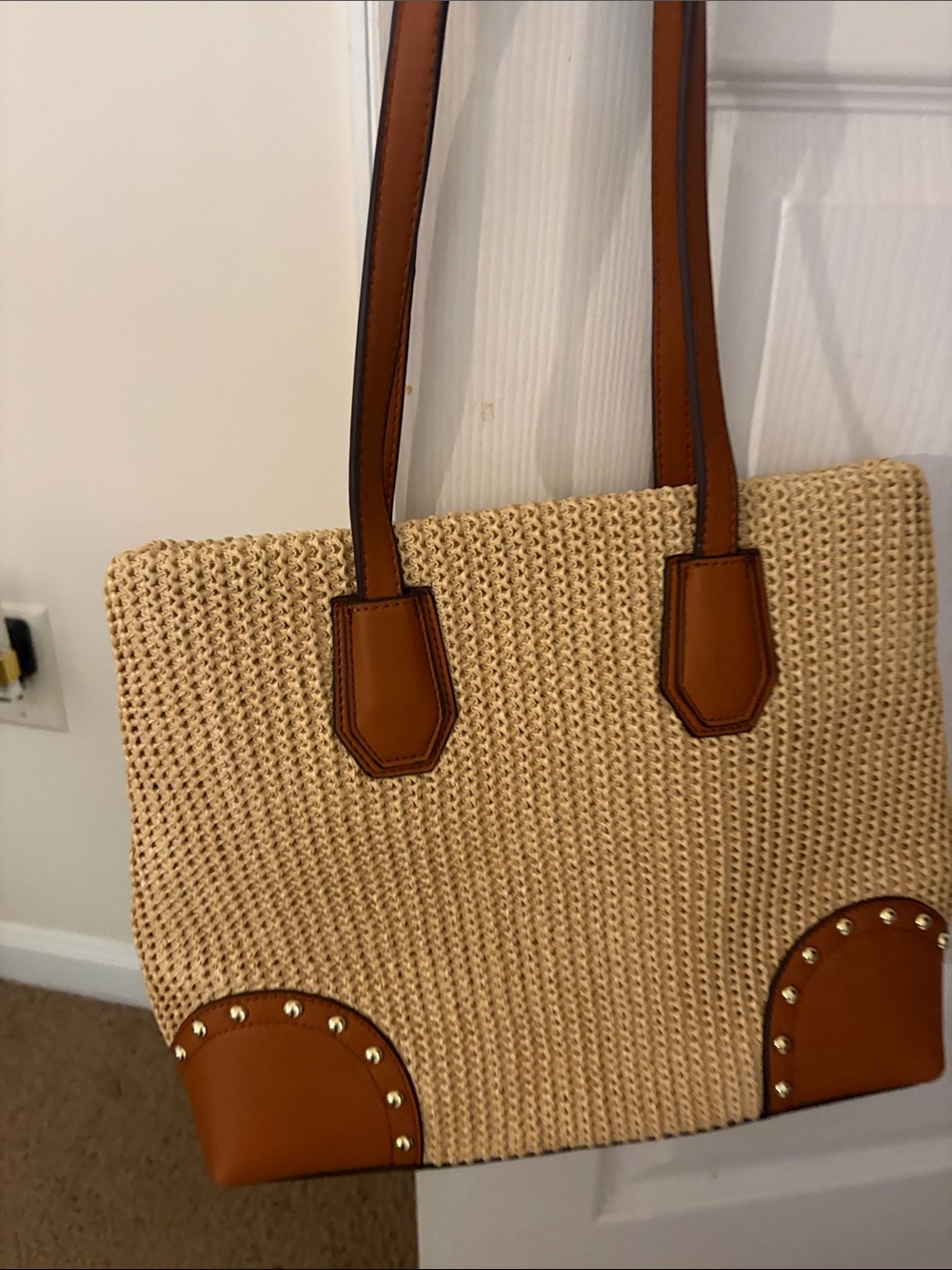 Woven Straw Tote Bag with Tan Leather Trim